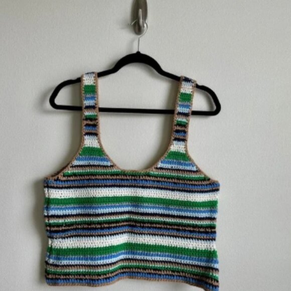 Frame Hand Crochet Tank Womens Large Green Blue White Brown Striped Knit Top - Picture 5 of 7